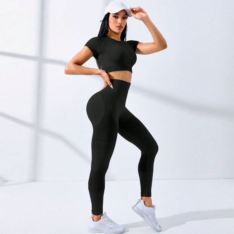 Women’s 2-Piece Seamless Yoga Outfit – Short Sleeve Top & High-Waist Leggings Set