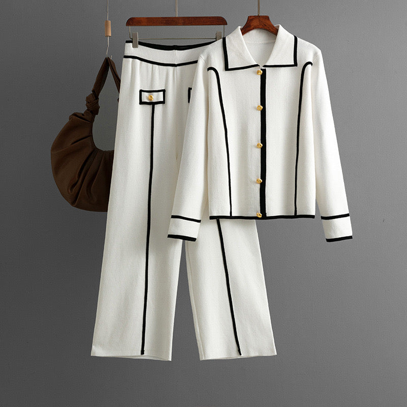 Luxe Knit Ensemble – Polo Jacket & Wide-Leg Trousers