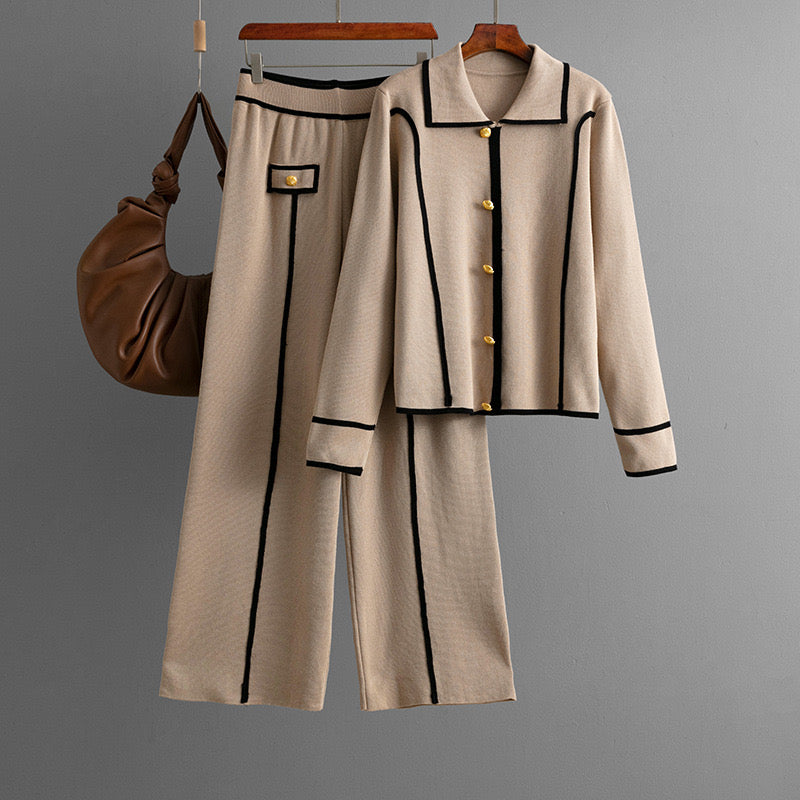 Luxe Knit Ensemble – Polo Jacket & Wide-Leg Trousers
