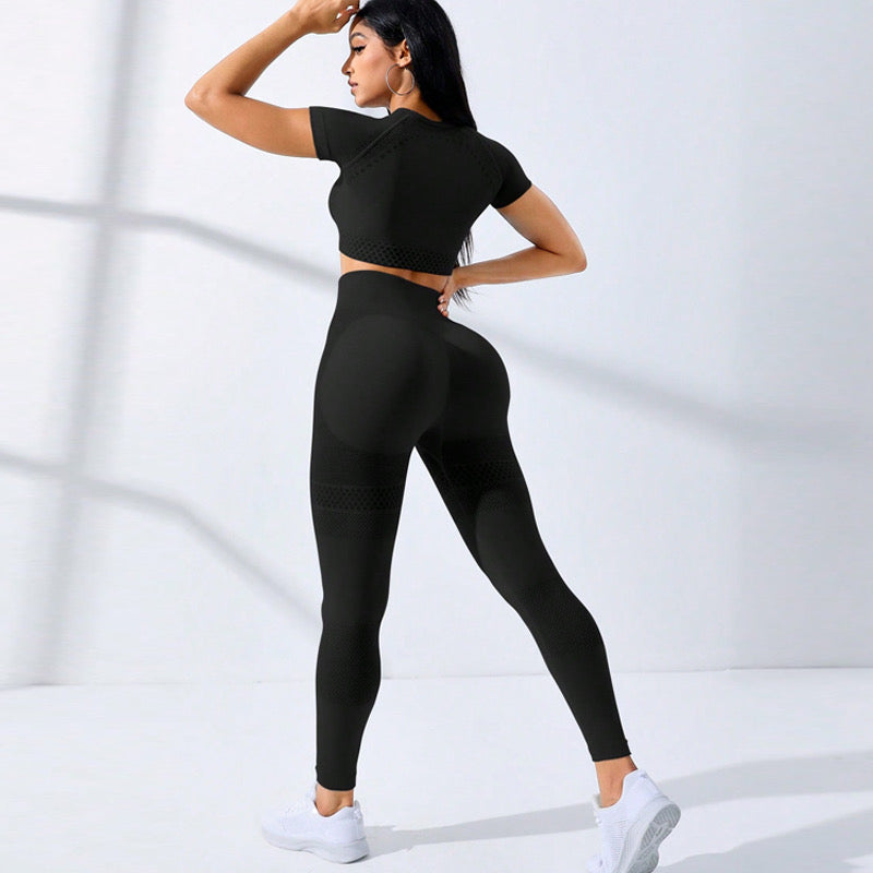 Women’s 2-Piece Seamless Yoga Outfit – Short Sleeve Top & High-Waist Leggings Set