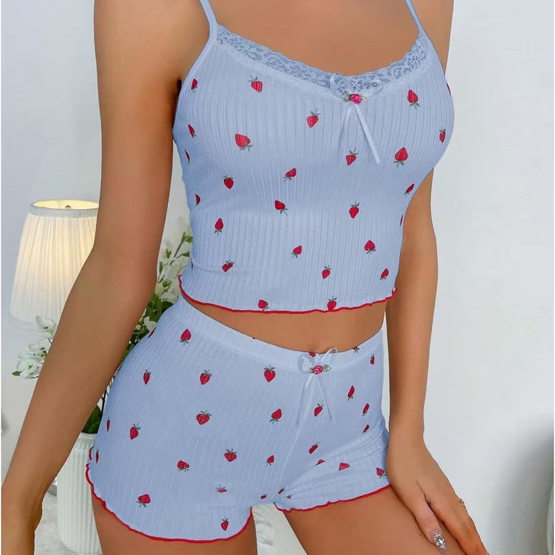 Maison D’ Luz Women’s Strawberry Print Pajama Set – 2-Piece Cami Top & Shorts with Lace Trim