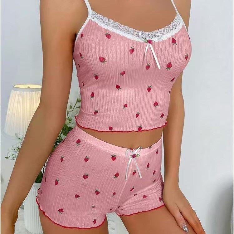Maison D’ Luz Women’s Strawberry Print Pajama Set – 2-Piece Cami Top & Shorts with Lace Trim