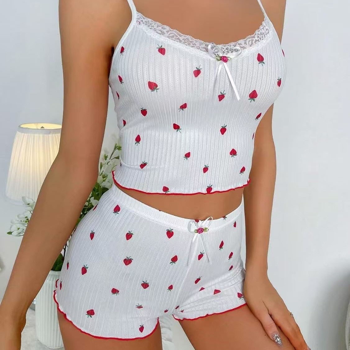 Maison D’ Luz Women’s Strawberry Print Pajama Set – 2-Piece Cami Top & Shorts with Lace Trim