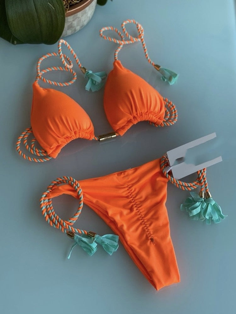 Women’s Two-Piece Bikini Set – Contrast Color Bralette & Low-Waist Briefs