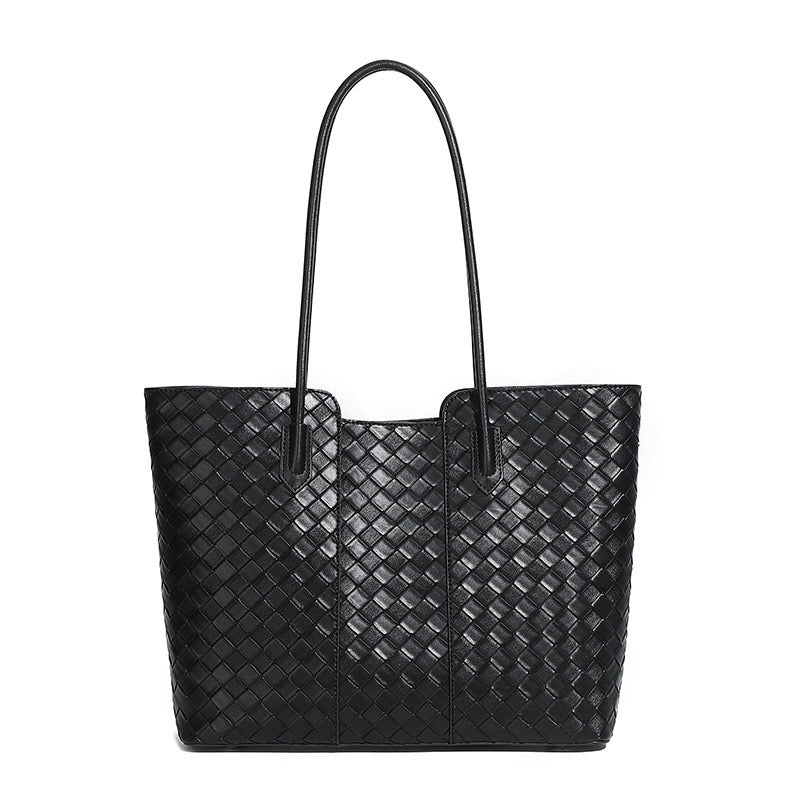 Women’s Woven Leather Shoulder Bag – Large Capacity Tote with Magnetic Buckle