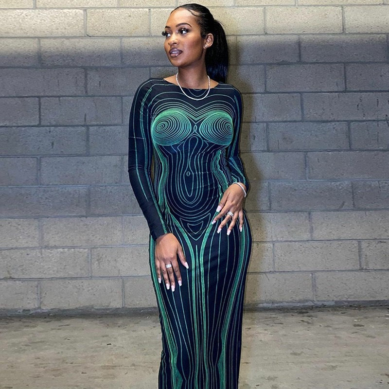 Sexy Maxi Dress with Line Print, Long Sleeves and Round Neck for Women