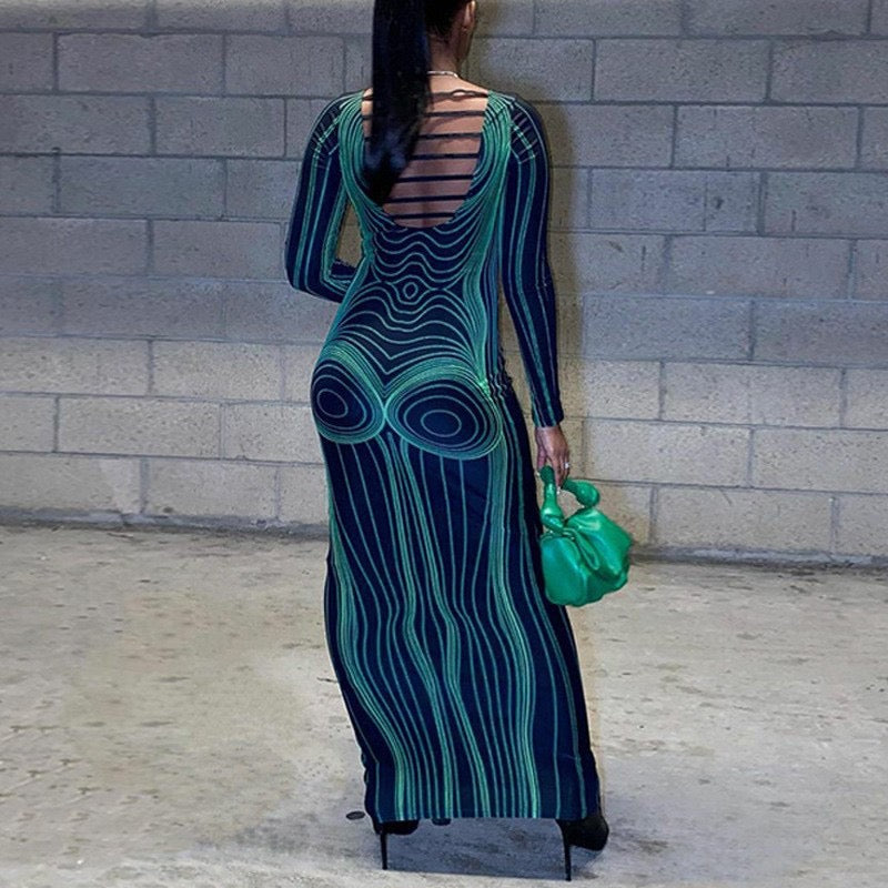Sexy Maxi Dress with Line Print, Long Sleeves and Round Neck for Women