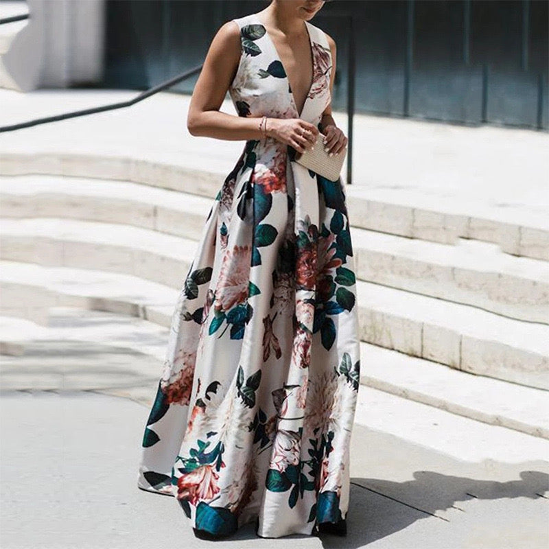 Elegant Floral Maxi Dress | V-Neck, Sleeveless, High Waist, Vacation & Summer Style