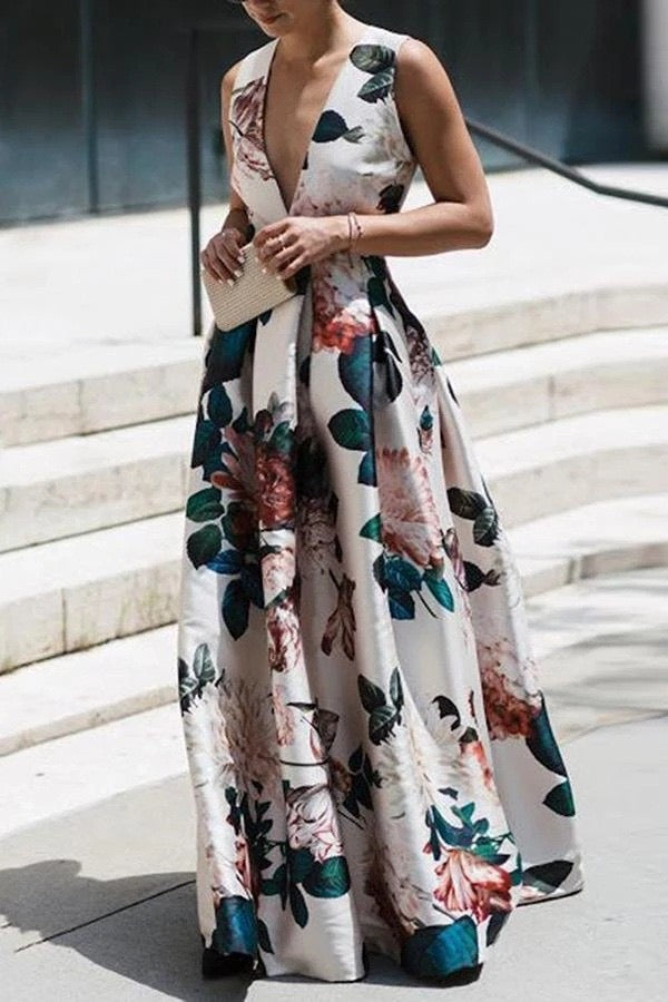 Elegant Floral Maxi Dress | V-Neck, Sleeveless, High Waist, Vacation & Summer Style
