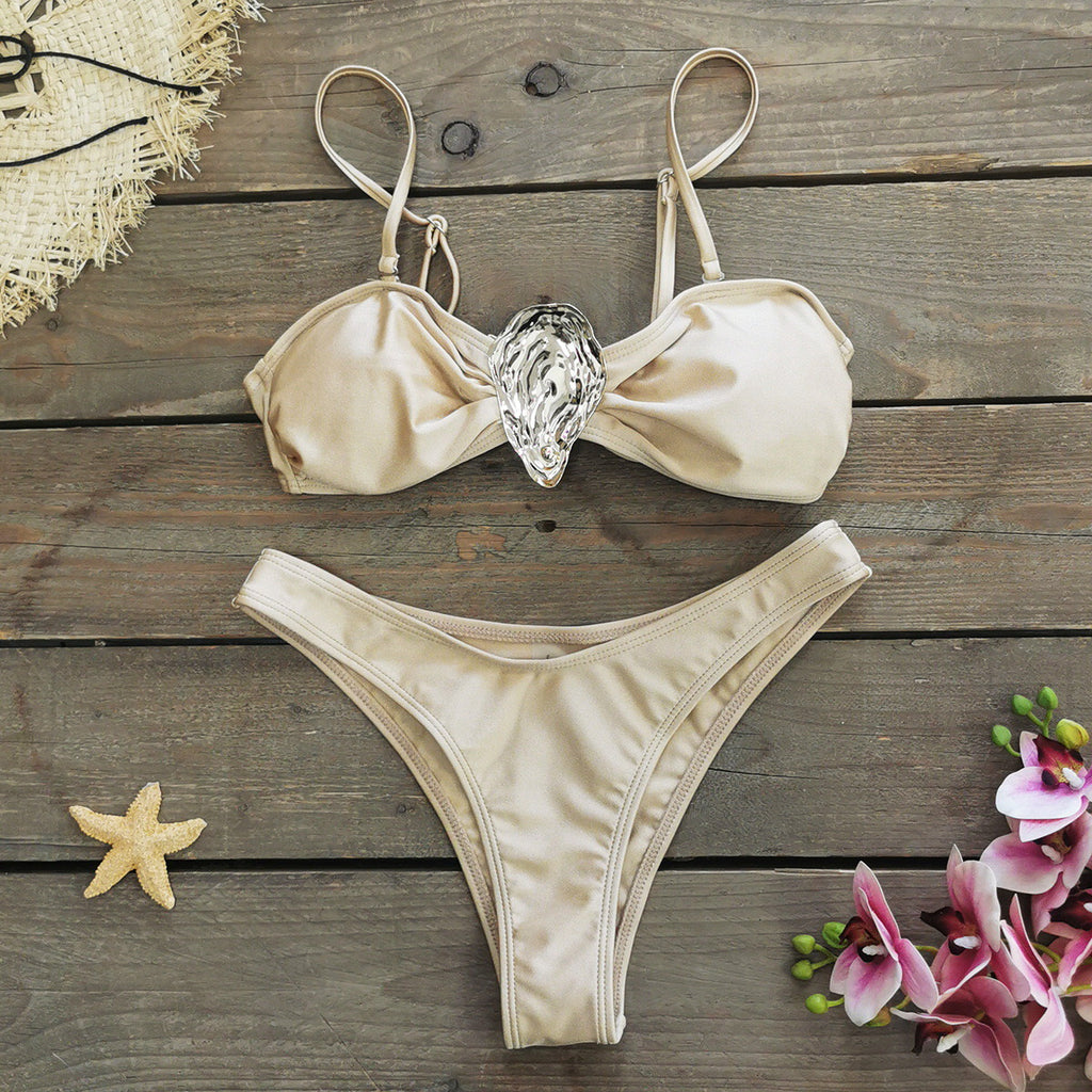 3-Piece Solid Color Bikini Set with Elegant Metallic Detail & Matching Cover-Up