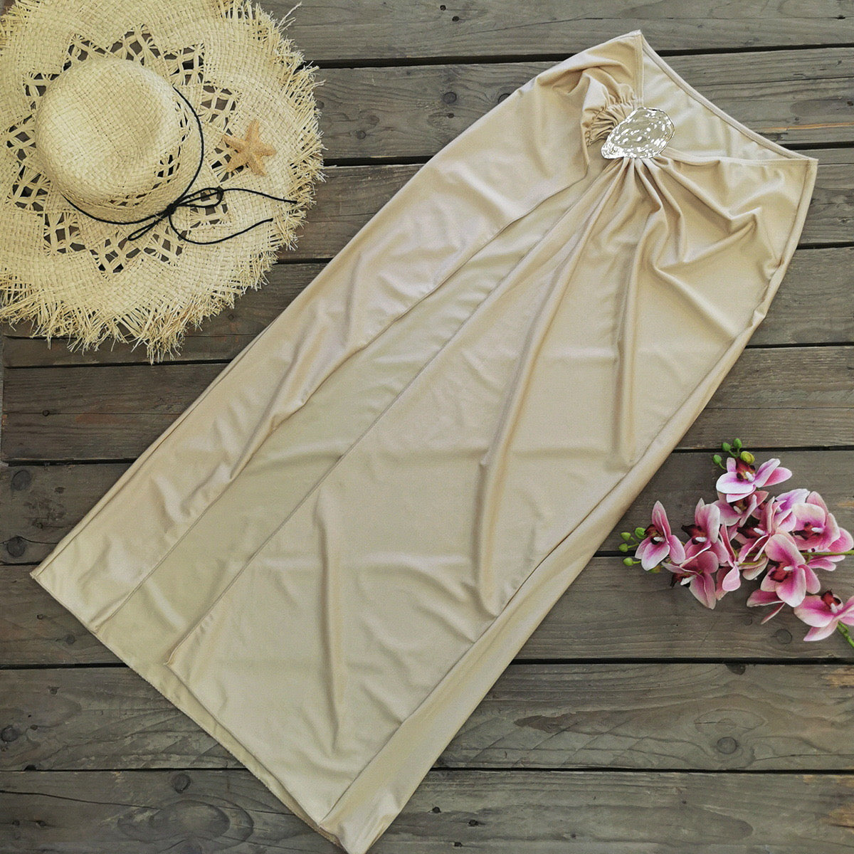 3-Piece Solid Color Bikini Set with Elegant Metallic Detail & Matching Cover-Up