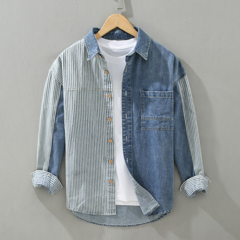 Men’s Casual Denim Shirt – Vertical Stripes & Contrast Patches, Hong Kong Style, Long Sleeve, Loose Fit