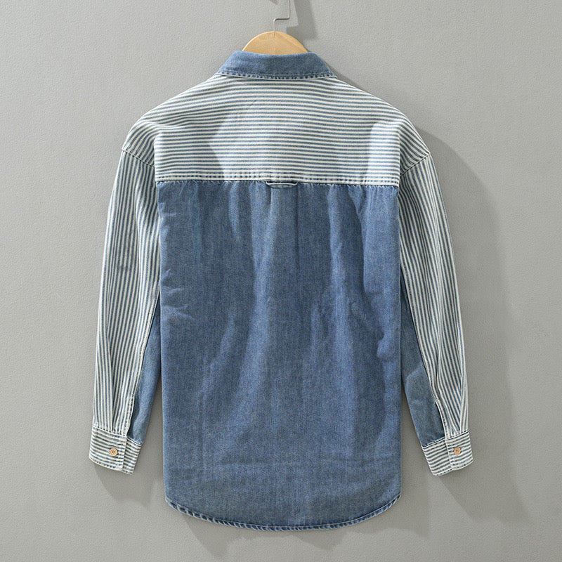 Men’s Casual Denim Shirt – Vertical Stripes & Contrast Patches, Hong Kong Style, Long Sleeve, Loose Fit