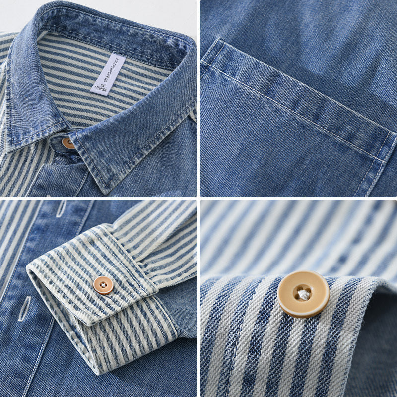 Men’s Casual Denim Shirt – Vertical Stripes & Contrast Patches, Hong Kong Style, Long Sleeve, Loose Fit