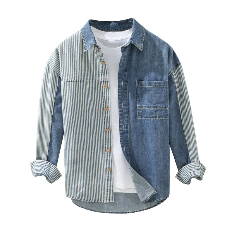 Men’s Casual Denim Shirt – Vertical Stripes & Contrast Patches, Hong Kong Style, Long Sleeve, Loose Fit